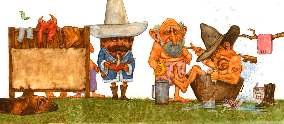 Art:  Cowboy Bath (five cowboys taking a washtub bath).  Original Western art by humorous artist  Jim Harris.